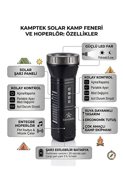 kamptek kamp teknolojisi Kamptek Çok Fonksiyonlu Solar El Feneri – Radyo + Po...