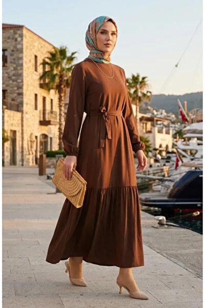 sefamerve Καφέ Φόρεμα με Ζώνη - 0512-06 Μοντέλο