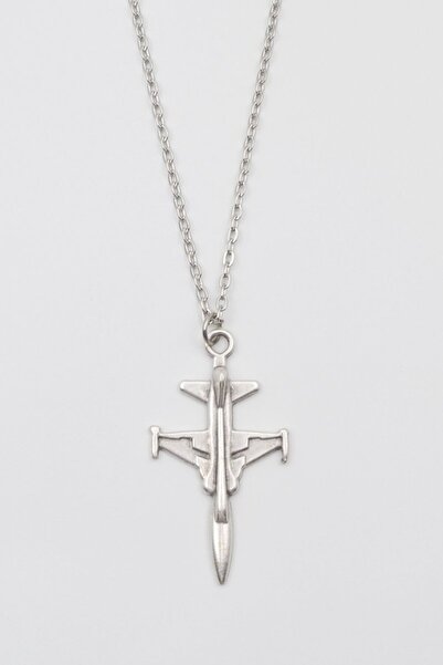 ıdr Modern F-5 Tiger Uçak Kolye - Düz Ezme İthal Zincirli Unisex Gümüş Kaplam...