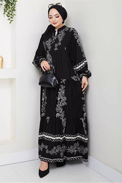 TRENDTESETTÜR KADIN SİYAH DESENLİ ELBİSE T 8558