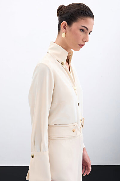 Sateen Πουκάμισο με λεπτομέρεια Snap - Μπεζ