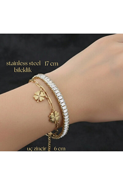 stainless steell altın renk zincirli yonca motif taşlı çelik bileklik