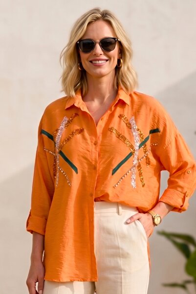 Cassime Πορτοκαλί λινό πουκάμισο Oversize - Κεντημένο με σχέδιο Ayrobin