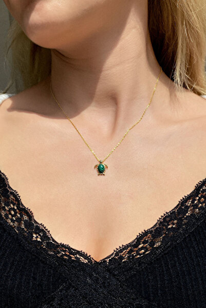 Spossy Silver Jewelry 925 Ayar Gümüş, 14 Ayar Gold, Yeşil Malakit Taşlı Kaplu...