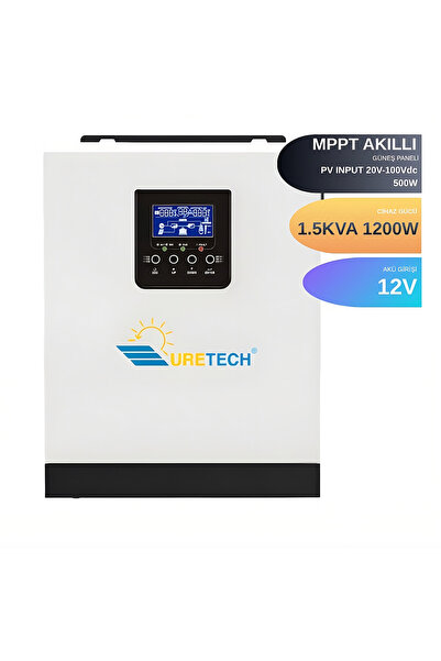 URETECH 1kva 1kw 1000 Watt Tam Sinüs Akıllı 40 Amper Mppt Inverter 12v-220v I...