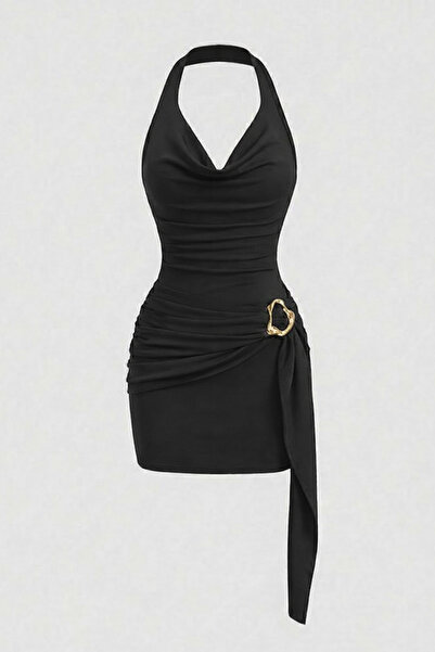 World Fashion Trends ΜΑΥΡΟ Γυναικείο Μίνι Φόρεμα DEGAJE HALTER με Λεπτομέρεια...