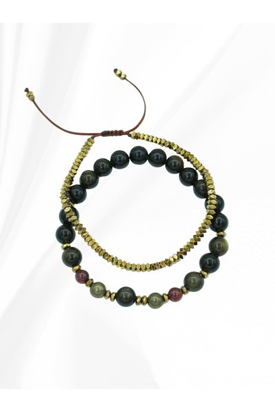 Yelda's Certified Gold Obsidian, Pyrite, Lal and Hematite Natural Stone Men's Bracelet Set of 2