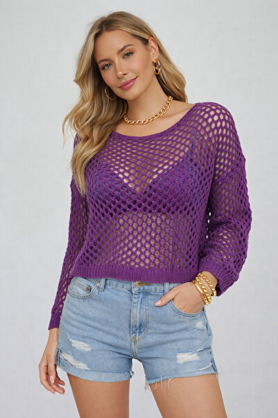 Minora Γυναικείο πουλόβερ 100% βαμβάκι δαντελωτή πλέξη Μωβ