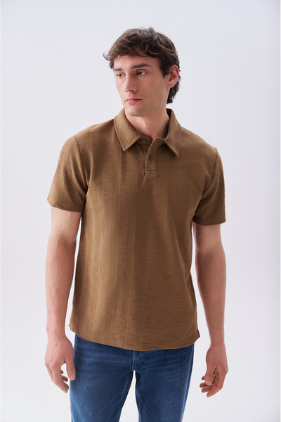 Mudo Erkek Kahverengi Çizgili Polo Yaka T-Shirt