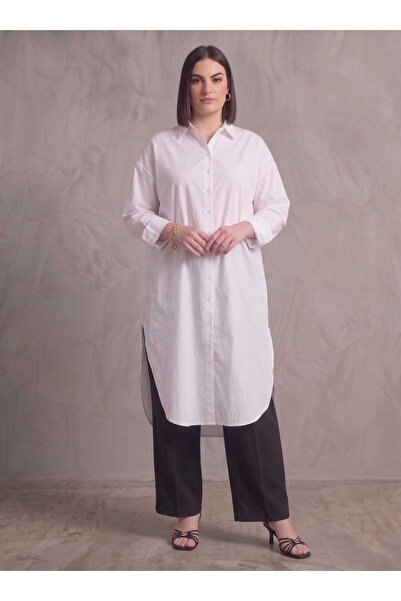 ALİA Βαμβακερό Χιτώνα Ποπλίνα Plus Size - Λευκό - Alia Moda