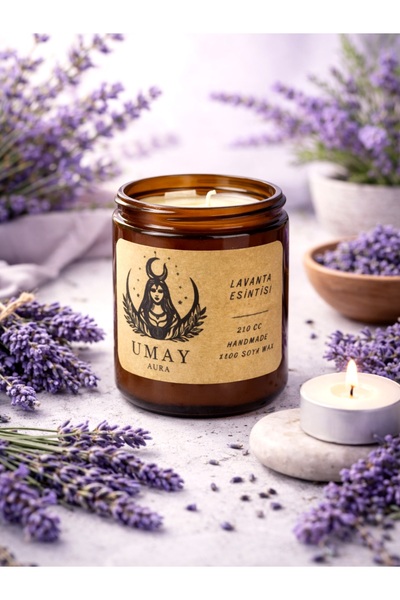 umay aura Mum-Lavanta Kokulu Aromaterapi Mum %100 Soya Wax El Yapımı Amber Ka...