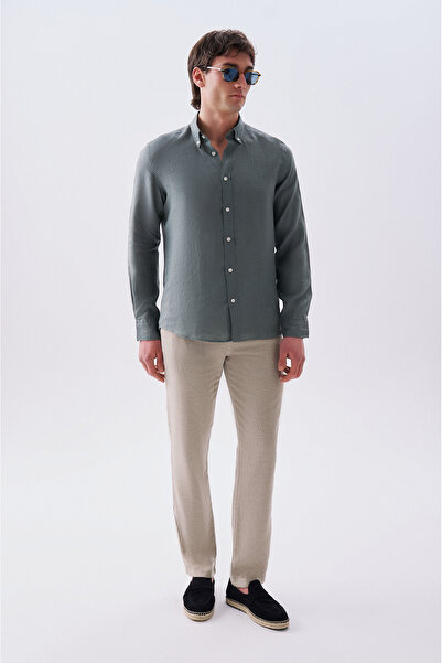 Mudo بنطلون رجالي كاكي ملمس مميز بقصة مستقيمة ضيقة