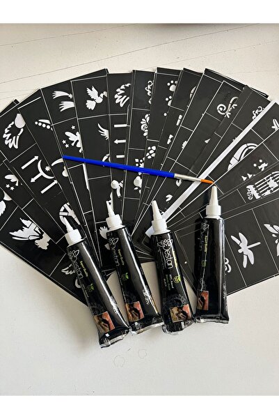 Airbrush Tattoo Hint Kınası Desenleri 24 Sayfa Birden 4 Tüp Siyah Kına ve Fır...