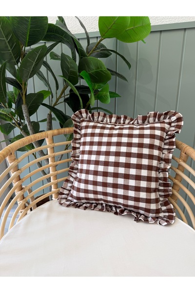 Decamor home Κάλυμμα μαξιλαριού από λινό vintage βολάν καφέ μεγάλο καρό κάλυμ...