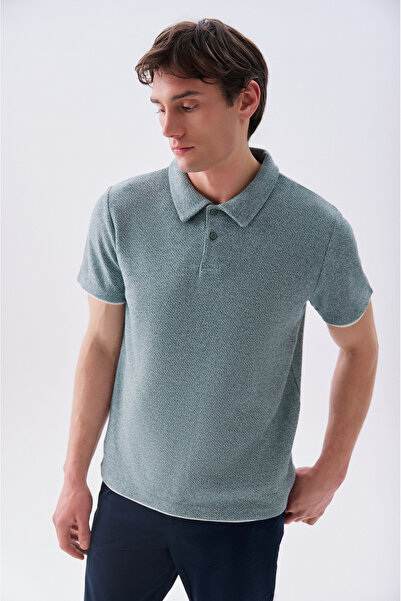 Mudo Men's Green Polo Collar Short Sleeve Knit Sweater