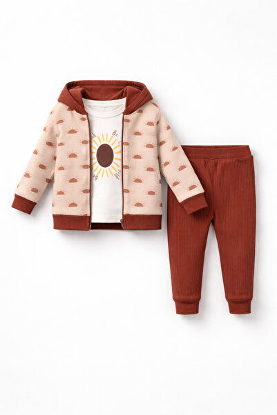 Bubito طقم من القطن للأطفال بنقشة الشمس مكون من 3 قطع من الأسفل والأعلى - بني