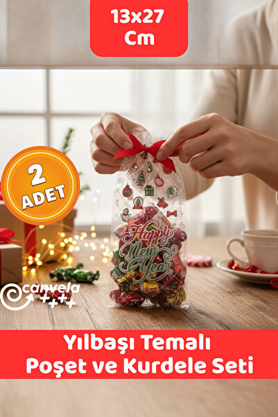 İstisna Yılbaşı Temalı 13x27 Cm Opp Yapışkansız Poşet ve Kurdele Seti