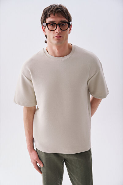 Mudo Men's Stone Color Oversize Crew Neck T-Shirt