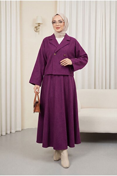 Modamorfo Single Button Felt Suit with Skirt - Plum