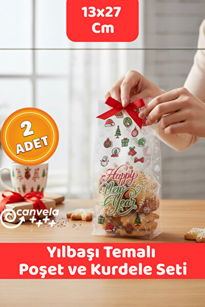 CANVELA Yılbaşı Temalı 13x27,5 Cm Opp Yapışkansız Poşet ve Kurdele Seti