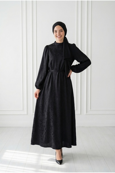 MİHRA STORE Κομψό Φόρεμα Ζακάρ με Μανίκια Μπαλόνια-PA9848 Μαύρο