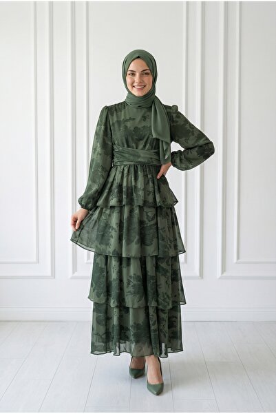 MİHRA STORE Φόρεμα σιφόν με σχέδιο Zilal και στρώσεις-EN827.1 Χακί