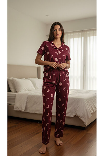 GİYDİNGİYDİN Kadın Bordo Ay Desenli Kısa Kol Gömlek Pijama Takımı