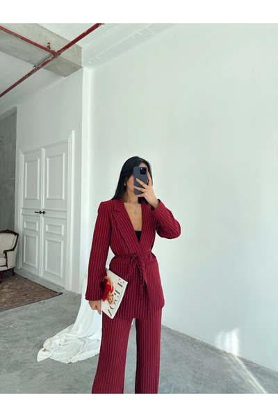 mydukkan.co Bel Bağlama Line Blazer Ceket - Bordo