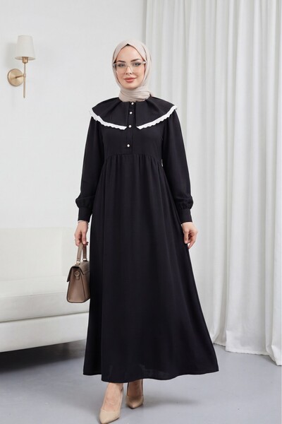 Modamorfo Φόρεμα από λινό με κορδόνι στο λαιμό και μισά κουμπιά - μαύρο