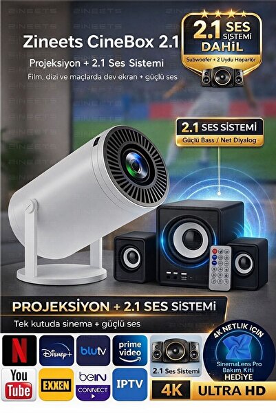 Zineets Taşınabilir Android Projeksiyon + Ses Sistemi Wifi Destekli Akıllı Si...