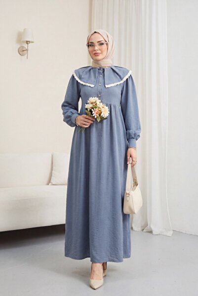 Modamorfo Φόρεμα από λινό με γιακά που δένει με κορδόνι και μισό κουμπί - γκρι