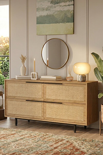 Yurudesign Ocean Konsol 4 Kapaklı Metal Ayaklı Uv Baskı 160cm Sepet-jüt On3-su