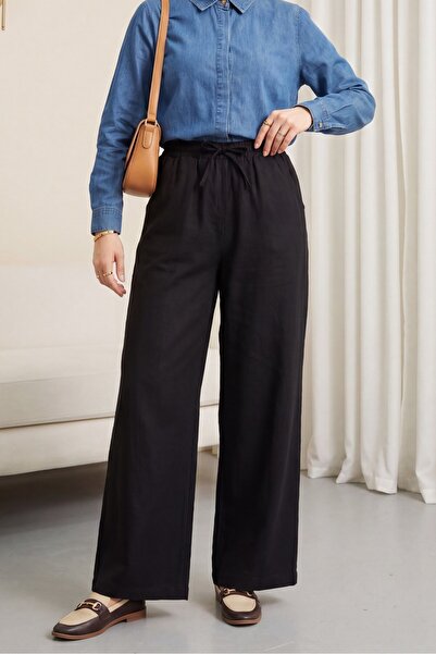 Modamorfo Elastic Waist Lace Detailed Pocketed Wide-Leg Tencel Trousers - Black