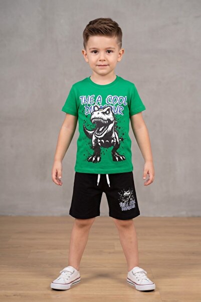 eQru Store Πράσινο μπλουζάκι με στάμπα Dinosaur και μαύρο σορτς καλοκαιρινό π...