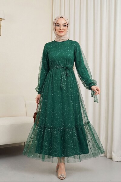 Modamorfo Tulle Dress with Sequin Detail on the Sleeves and Laces - Emerald