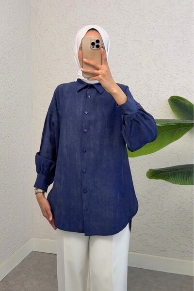 Modamorfo Πουκάμισο με οβάλ κόψιμο και σκίσιμο στη φούστα - μπλε ναυτικό