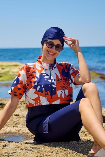 Starinci Mayo Hijab Swimsuit Semi-Closed Covered Short-Sleeved Orange Giant F...