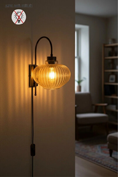 Bamyum Plug-In Ruiz Honey Color Glass Sconce Wall Lamp Vintage Living Room Be...