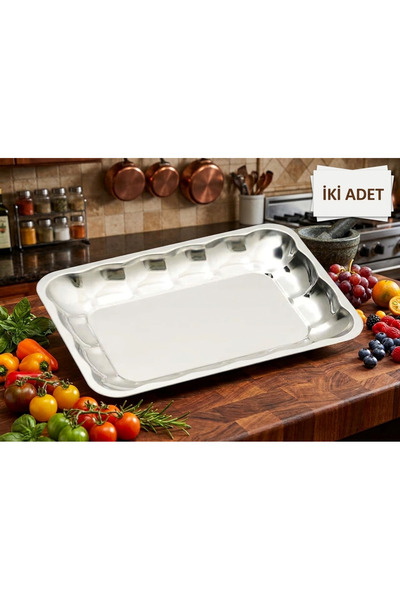 KT HOME Tabak Paslanmaz Çelik Dikdörtgen Meyve Salata Tabağı Sunum 2 Adet