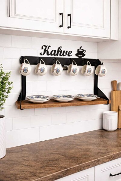 Arencraft Kahve köşesi standı /6'lı fincan askılığı / Kahve yazılı tek raflı ...