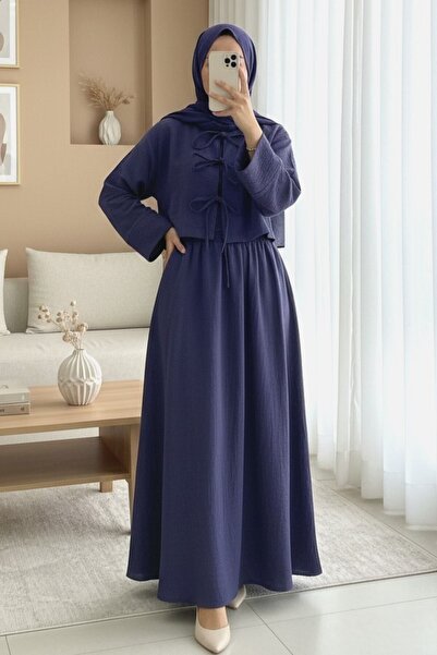 Modamorfo Λινό σετ με δαντέλα μπροστά και φούστα με ελαστική μέση - μπλε