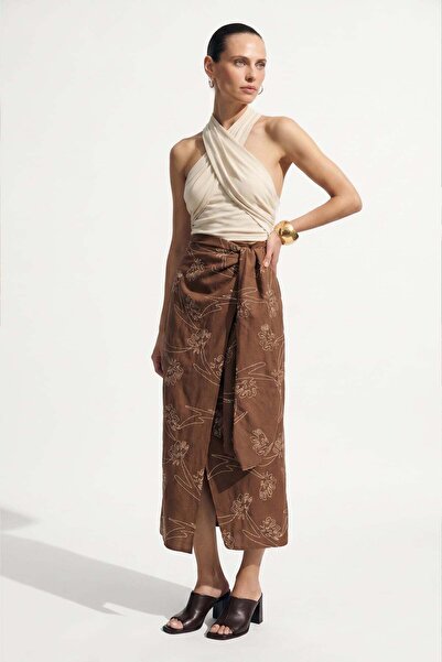 Sateen Μακριά φούστα με λεπτομέρειες κεντήματος - Καφέ