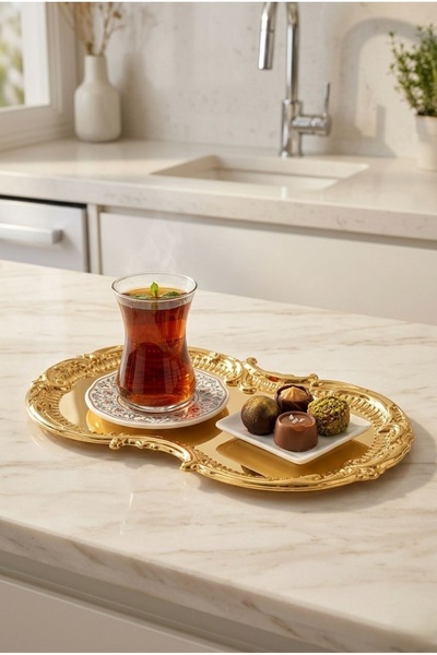Marla Life Altın Sarısı Aynalı Dekoratif Tepsi - El İşçiliği Varaklı Sunum ve...