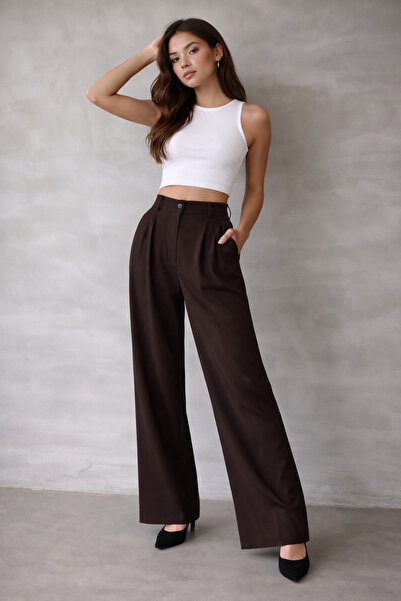 Tutals Γυναικείο παντελόνι Palazzo από ύφασμα σε καφέ χρώμα ελαστικό ύφασμα μ...
