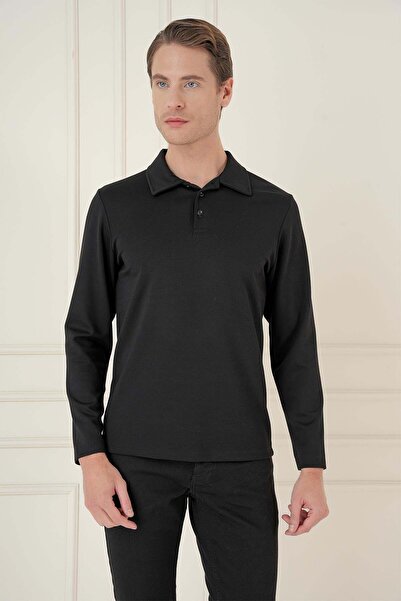 Efor Slim Fit Pamuklu Uzun Kollu Düğmeli Siyah Polo Yaka Tişört TS 893