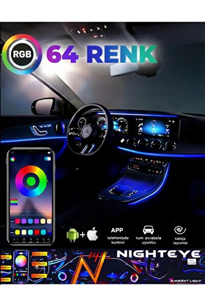 Tunıng sport 64 Renk Bluetooth Kontrollü Araç İçi Ambiyans LED Aydınlatma Set...