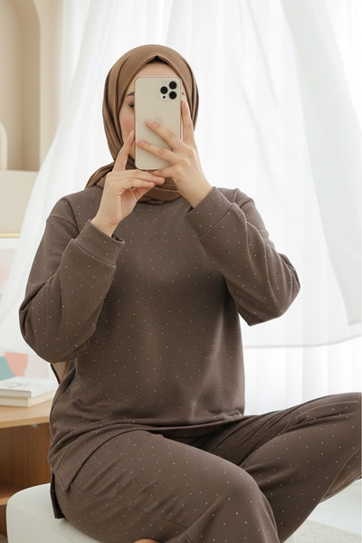 Modamorfo Σετ Παντελονιού με Λεπτομέρεια από Πέτρα - Ανοιχτό Καφέ