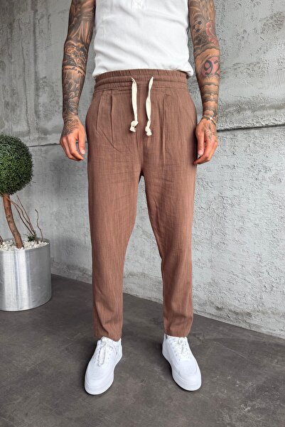 MADZEYMODA Ανδρικό παντελόνι με ελαστική μέση Boyfriend Fit Με πιέτες Brown Λ...