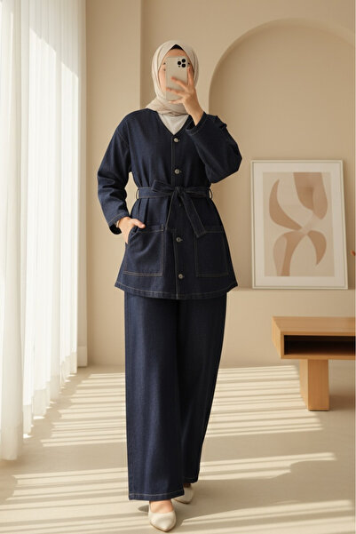 Modamorfo Τζιν κοστούμι με κουμπιά μπροστά, διπλές τσέπες και ζώνη -k.laci