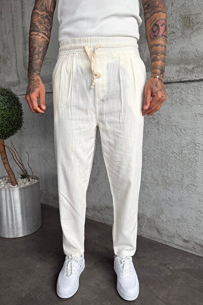 MADZEYMODA Ανδρικό παντελόνι με ελαστική μέση Boyfriend Fit Με πιέτες Λευκό Λ...